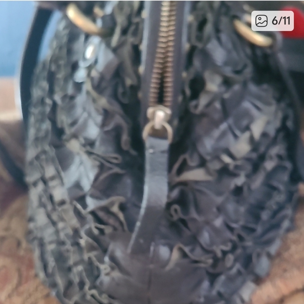 Moschino Black Italian Leather Ruffled Shoulder Bag with Cherry Key Chain - Picture 7 of 10